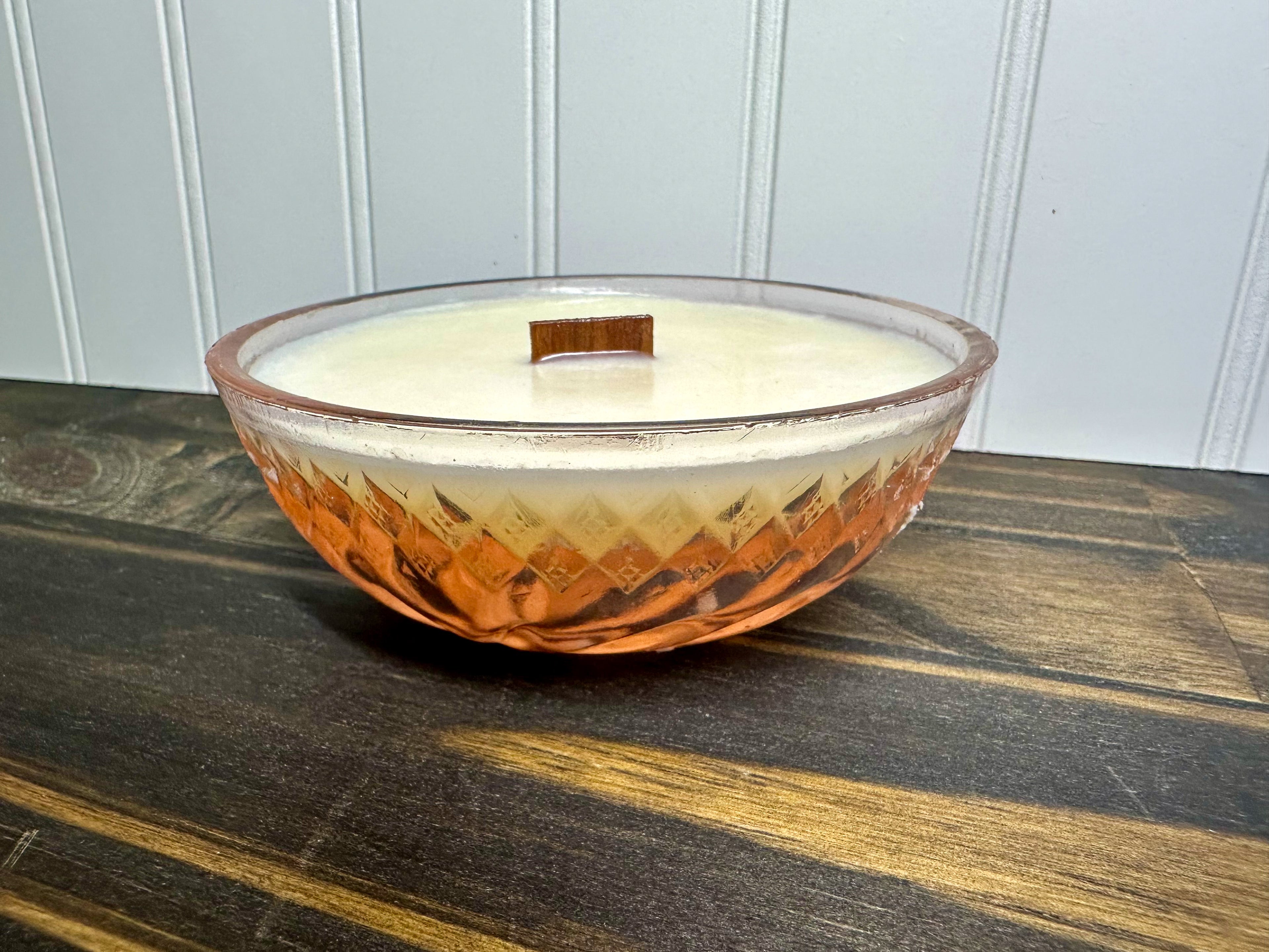 Small Pink Depression Glass Bowl Candle | Wildflowers + Suede